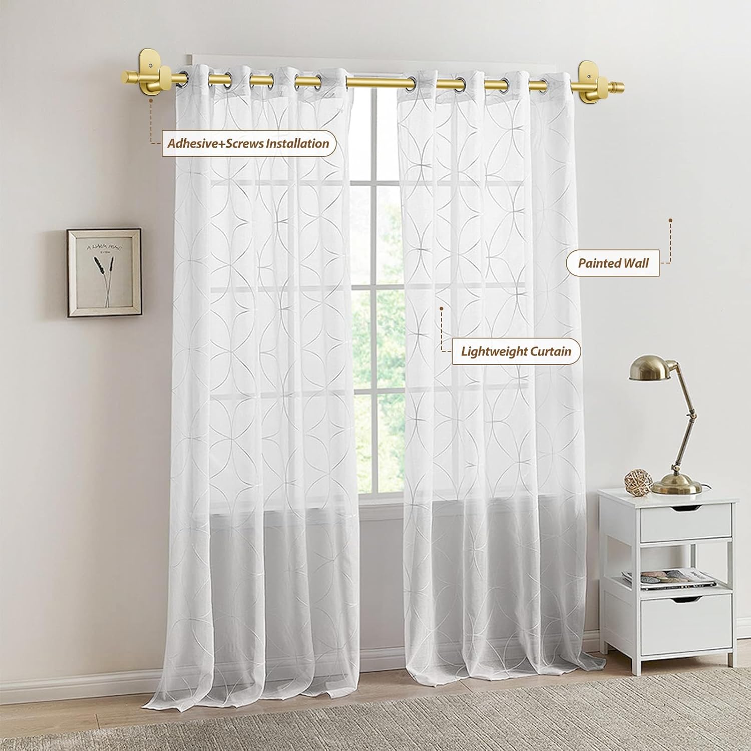 Curtain Rods No Drilling 32 to 86 Inch, HOTOZON 5/8 Inches No Drill Curtain Rods for Windows 55 to 82 Inches(4.5-6.8 ft), Renter Friendly Adjustable Small Drapery Rod for Lightweight Curtains, Gold