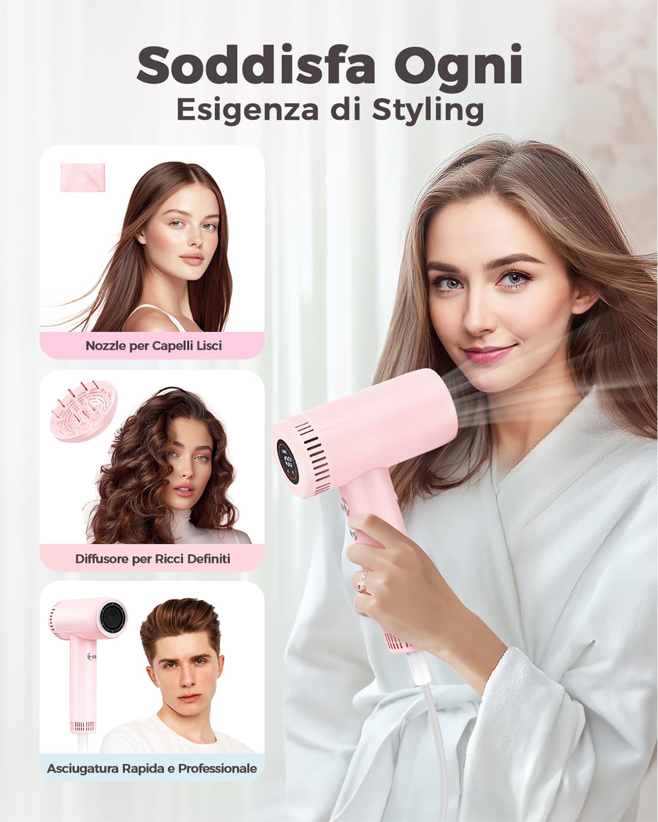 Haokoo Phon Capelli Alta Velocità 160.000 RPM - Asciugatura Rapida con Ioni Anticrespo, Asciugacapelli Professionale 9 Temperature con Display, 365g Leggero con Diffusore Magnetico, Casa e Viaggio