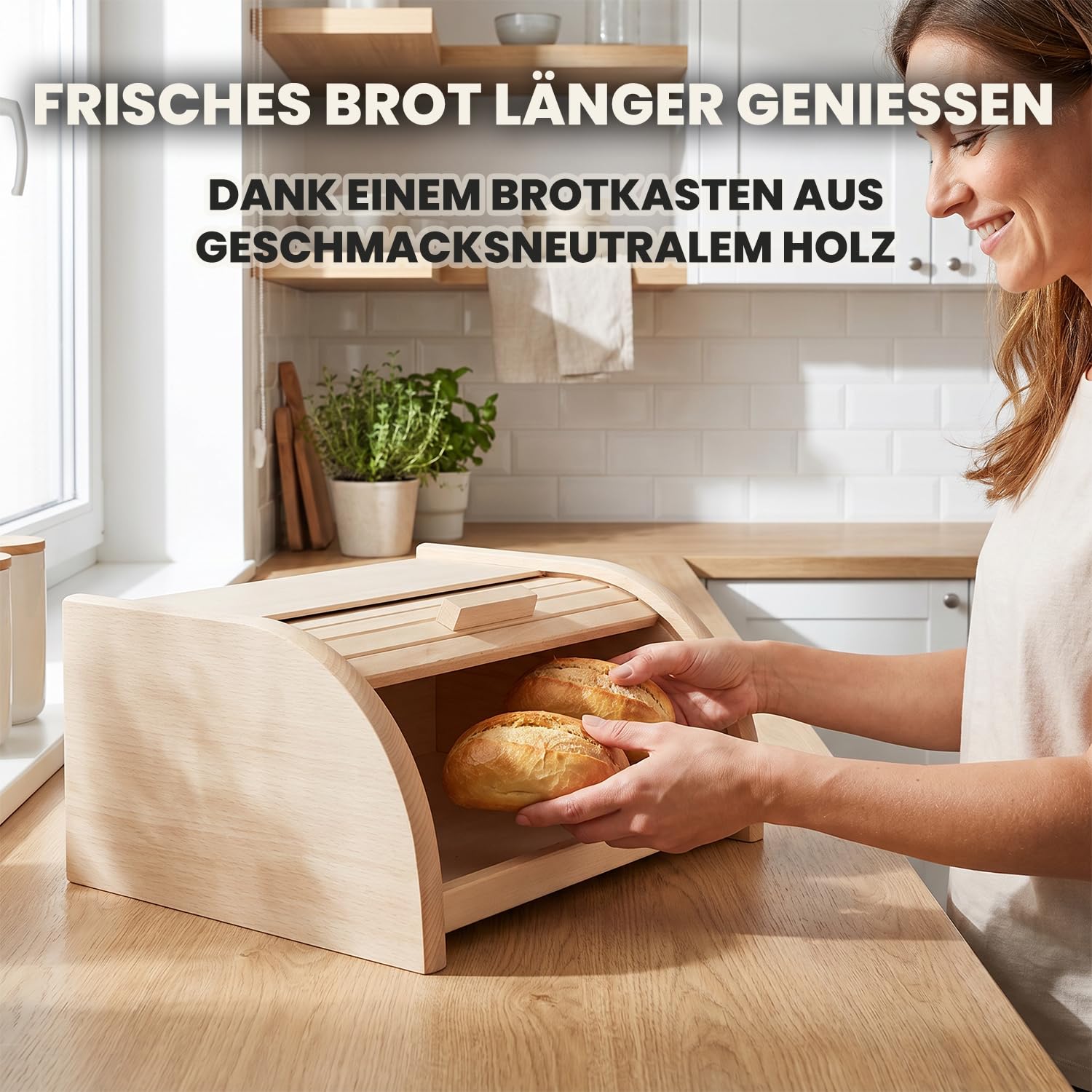 Brotkasten Holz XL mit großer Öffnung und Rolltop 39 x 29 x 17,5 cm | 39 x 29 x 17,5 cm, Naturbelassenes Buchenholz, Zeitloser Look, HDF Boden, Leichtgängiger Rolldeckel, Platzsparend