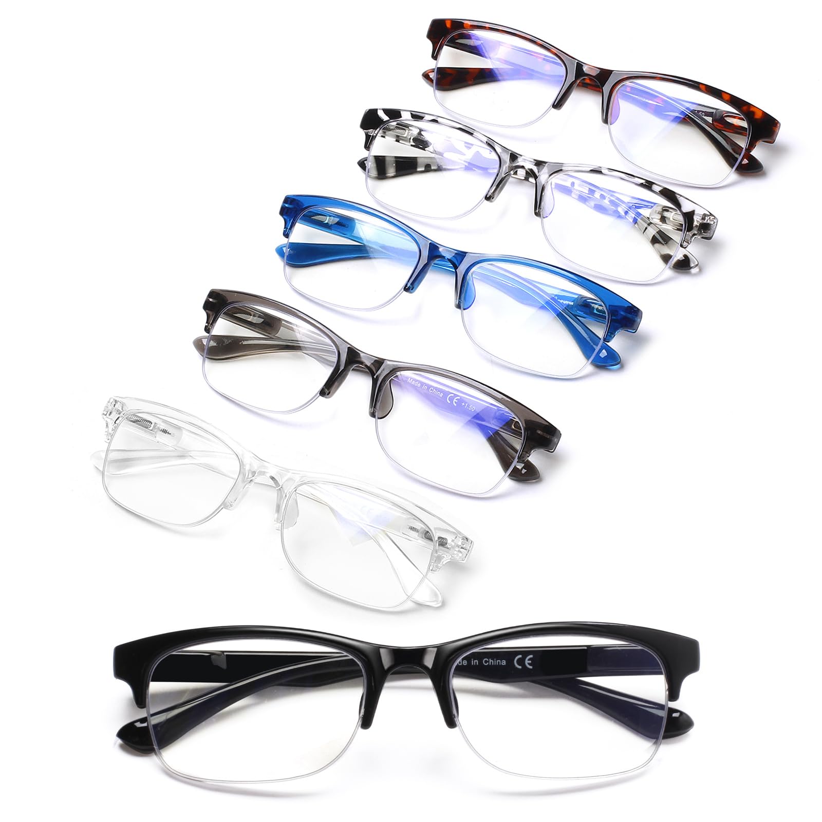 NORPERWIS 6PCS Reading Glasses Men and Women Half Frame Spring Hinge Blue Light Blocking Readers Stay Clear Magnifying Vision