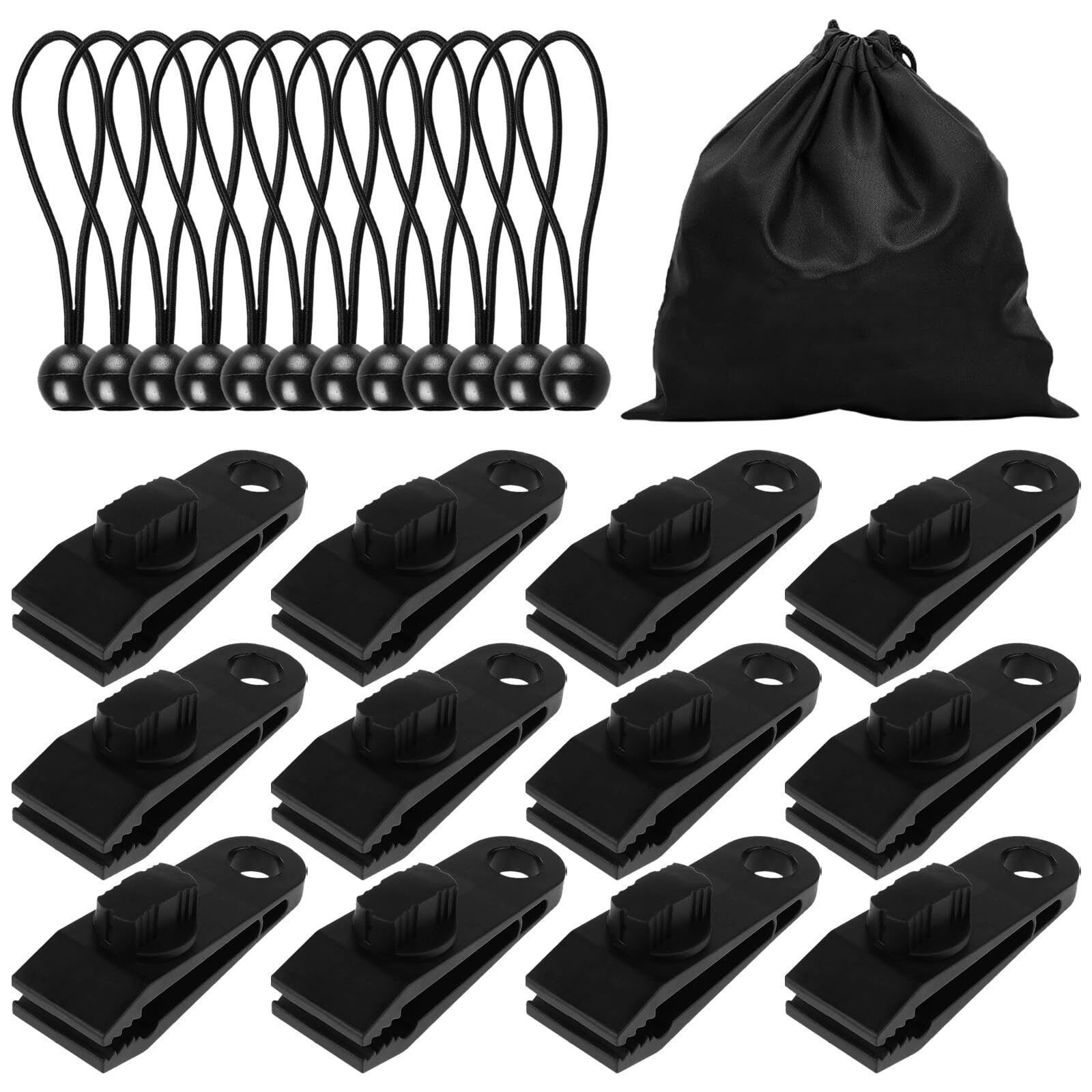Planenclips, Planenspanner, 12 Stück Einstellbare Zelt Tarps Clip, 12 Stück Bungee Ball Schnüre, Wiederverwendbare Tarp Klammern mit 1 Aufbewahrungstasche (Schwarz), AM02874411SU