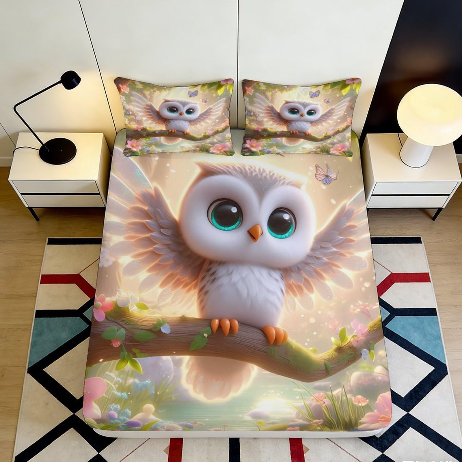 3D Printed Cute Owl Fitted Sheet Microfiber Soft Breathable Cartoon Bird Bed Cover for Bedroom Dormitory Guest Room Mattress Protection Decoration 90x200x25cm