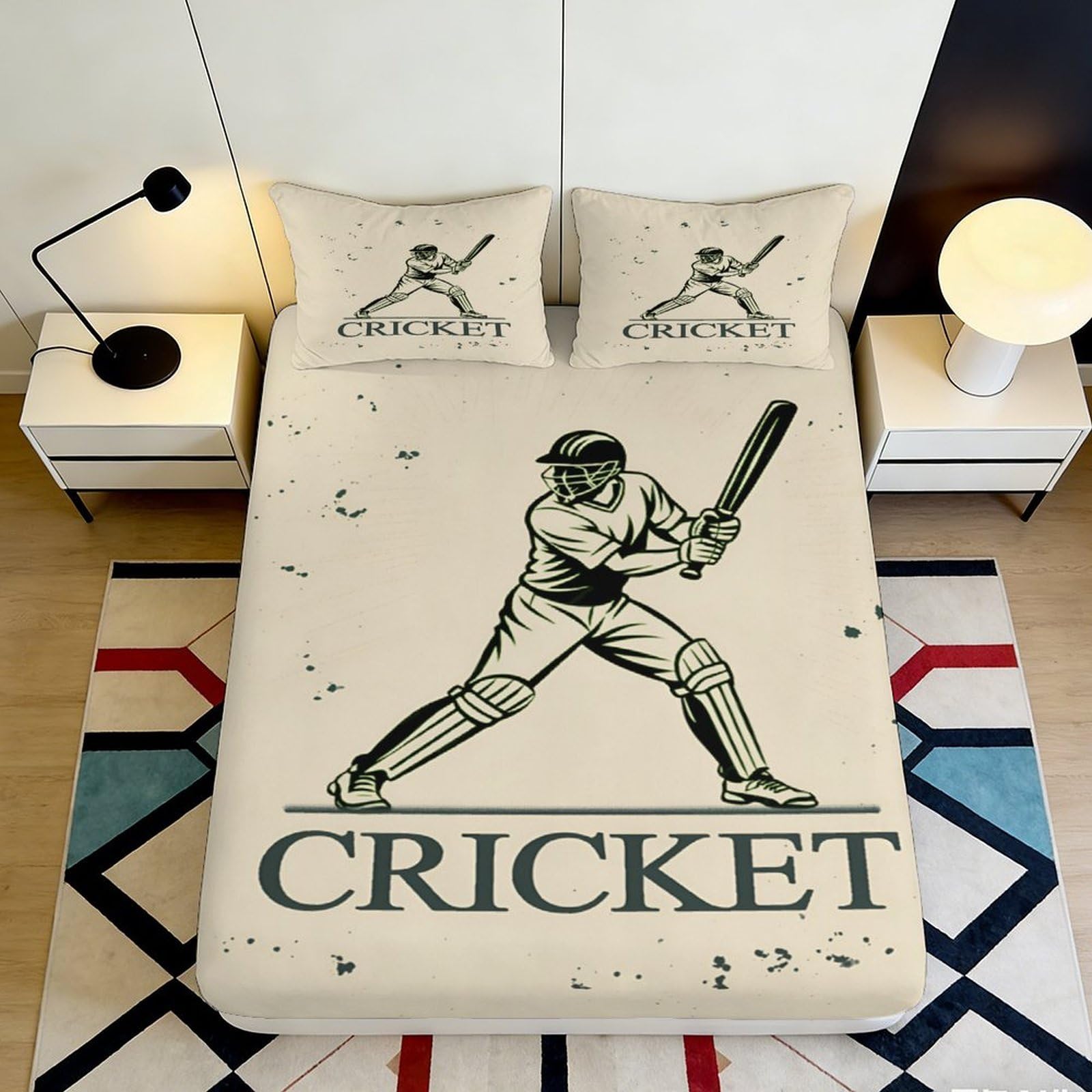 3D Printed Cricket Fitted Sheet Microfiber Soft Breathable Baseball Bed Sheet for Bedroom Dormitory Guest Room Mattress Protection Decor 200x200x25cm