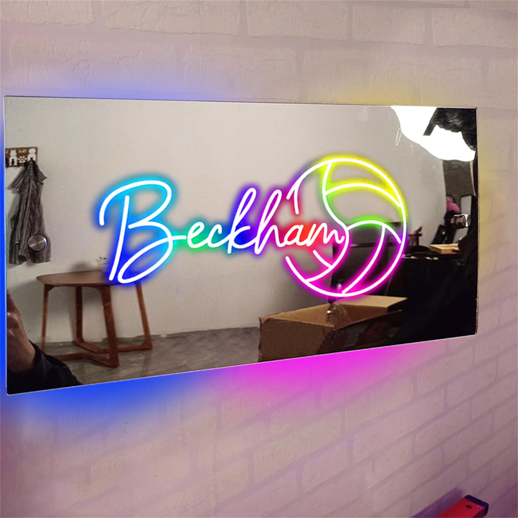 Personalised Name Volleyball Mirror LED Light Sign Custom LED Volleyball Player Neon Sign Volleyball Neon Sign for Teen Boy Girl Wall Decor Sports Gifts for Girl Boys Kids,Volleyball Mirror Light