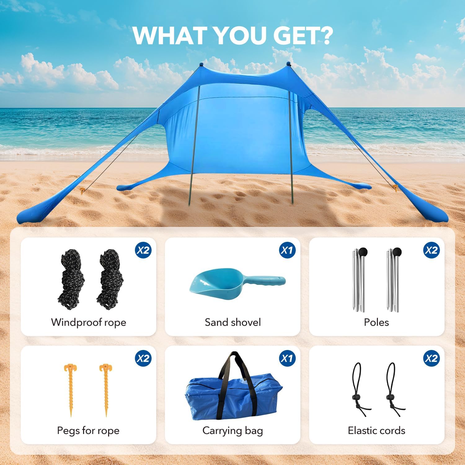 Beach Tent Shade Canopy with UPF50+ Protection Sun Shelter Umbrella Portable Camping Tents with Sandbags Poles and Ground Pegs and Anti-Wind Ropes for Beach Outdoor Camping Backyard Picnics 7.5X7.5Ft