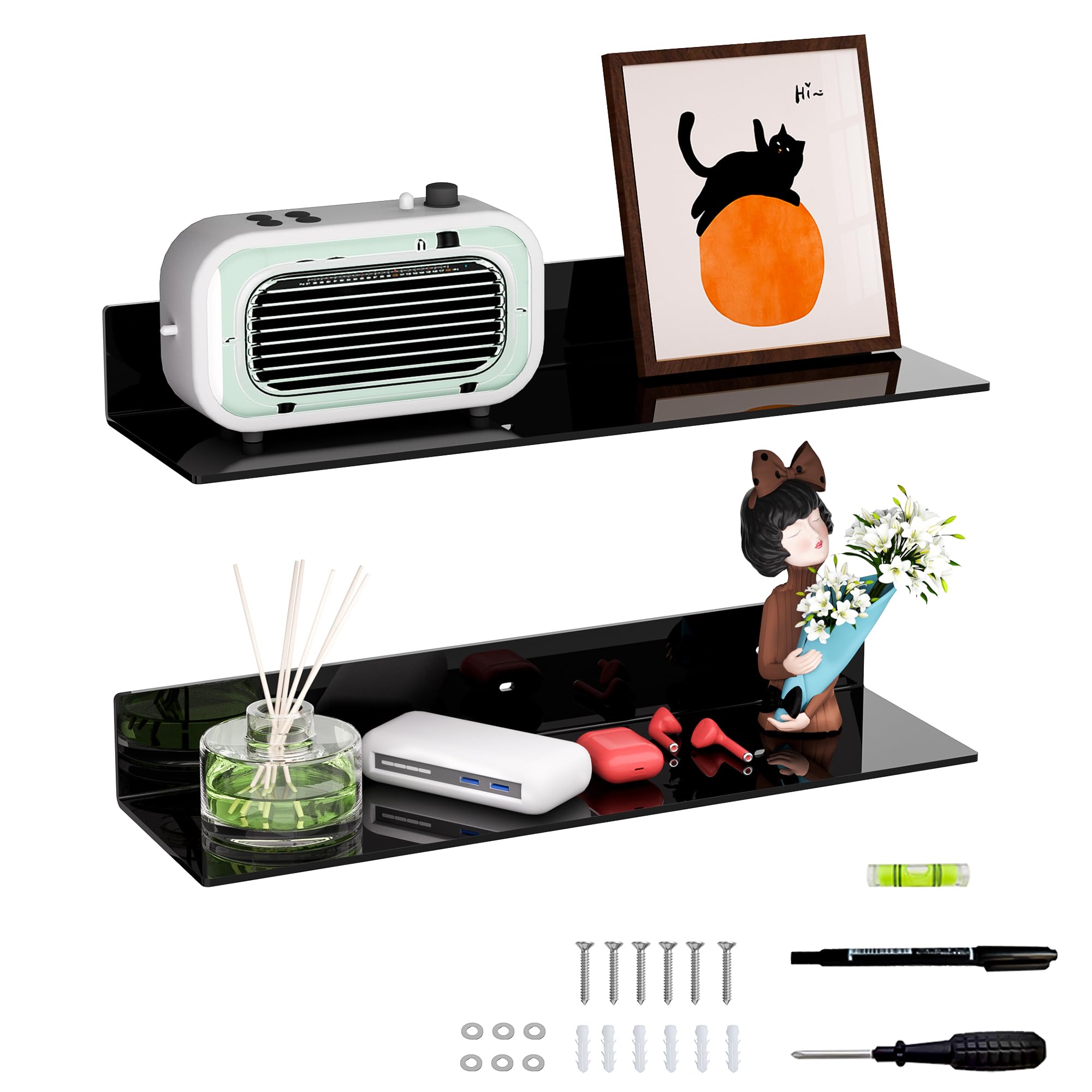 Sezanrpt Black Acrylic Shelves 50 cm, Plexiglass Wall Display Shelves for Wall Decoration, Dolls, Cosmetics, Perfume, Books, Spice Jars, Pack of 2 (50 cm)