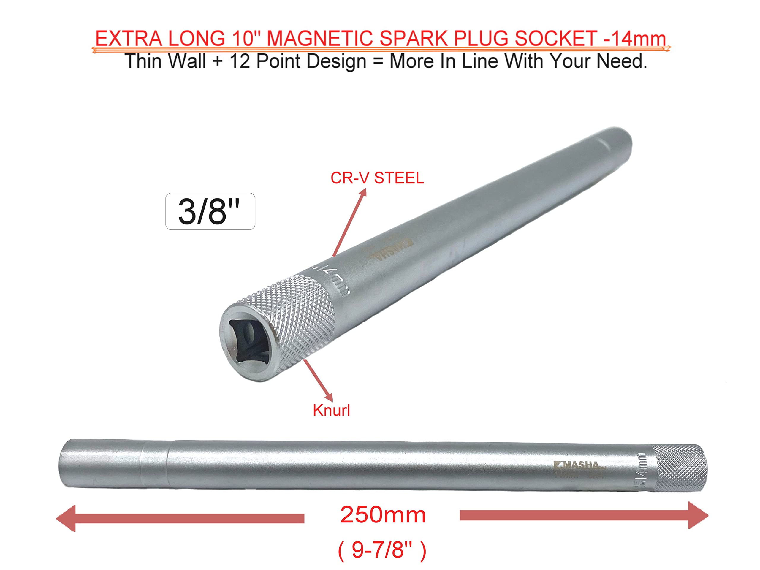 Sterownik 3/8 cala magnetyczny cienkościenny 14 mm gniazdo świecy zapłonowej 12PT (25 cm bardzo długie)