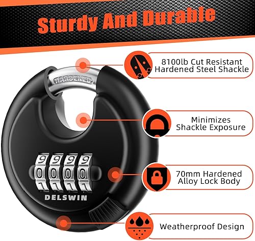Miniatura 3 de DELSWIN Cerradura de combinación de disco de 4 dígitos para exteriores, candados de combinación resistentes con grillete de acero endurecido a la