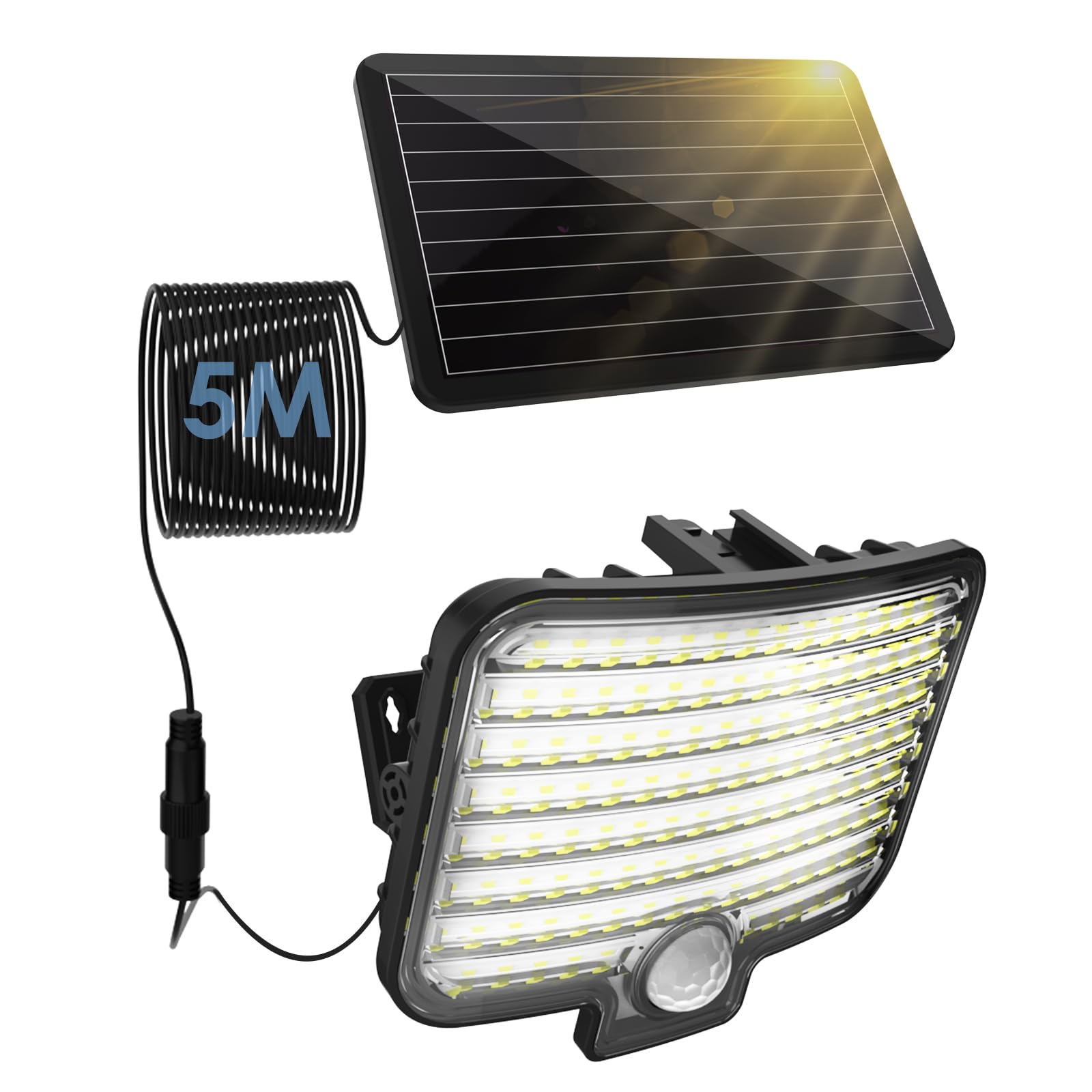YD LIFE Luce Solare con Sensore di Movimento, Faretto LED Solare da Esterno 800LM, 120 LED, Lampada Solare con Angolo di Illuminazione 150°, IP65 con 5 Metri Cavo per Giardino Garage Terrazza Balcone