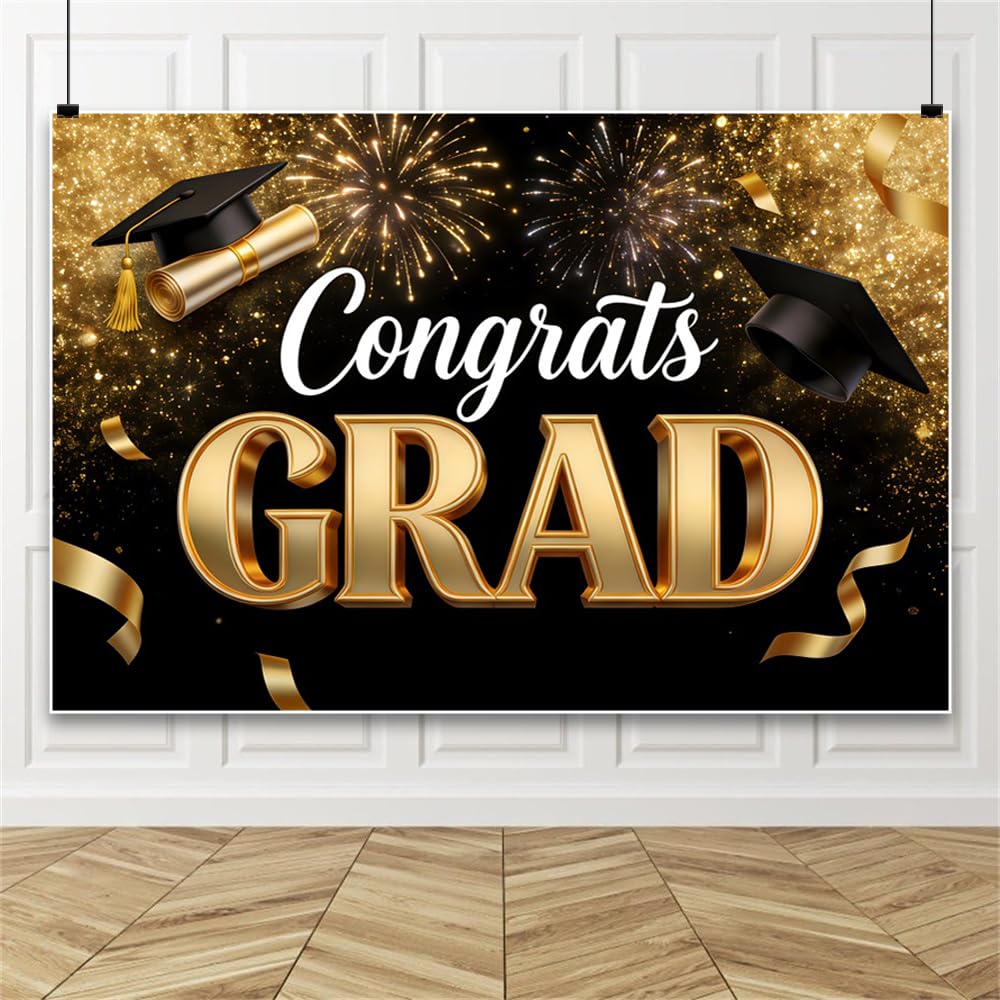 3.6x1.8m Graduation Background 2026 -Black & Gold Graduation Large Wall Poster Photo Background Graduation Cap Gold Fire Supplies for Graduation Party