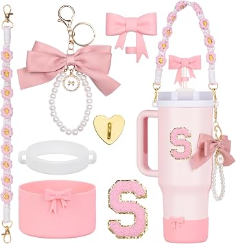 7Pcs Pink Stanley Cup Accessories for 40Oz 30Oz 20Oz, Women Teen Girls Gifts, Stanley Tumbler Cup Decoration with Straw Topper, Bow Charm, Silicone Boot, Handle Strap, Letter Sticker S
