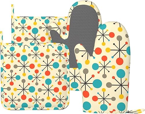 CEVIOLINRE Mid Century Fifties - Manoplas de horno y soportes para ollas de silicona de colores retro atómicos, juego de 4 guantes de horno