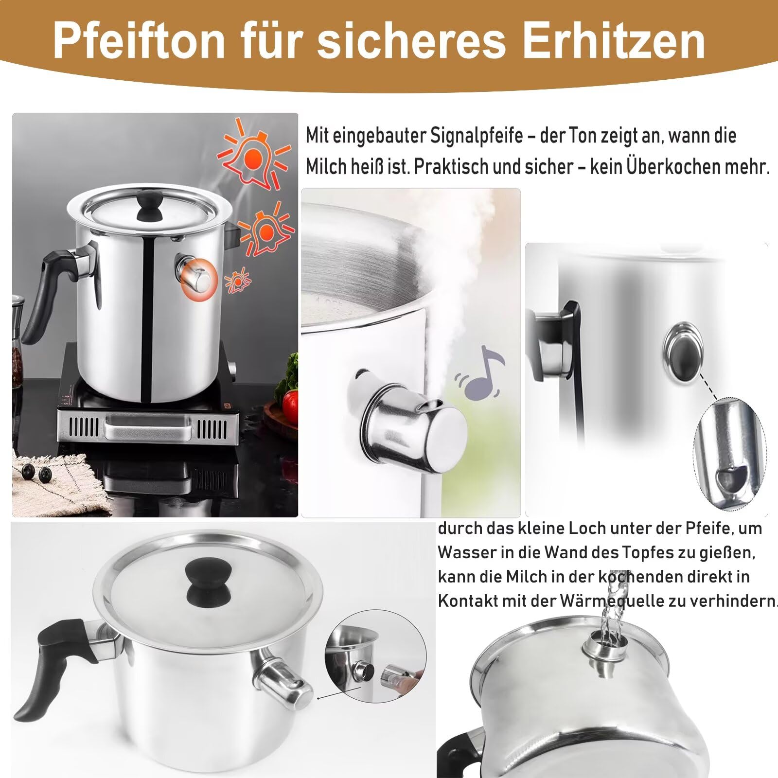 1L Milchtopf mit Deckel für Erhitzen Milch und Soßen, Simmertopf Milchtöpfe aus 304 Edelstahl,für Gas Elektro Induktion,Doppelwandig Kochtopf Wasserbad Schmelztopf