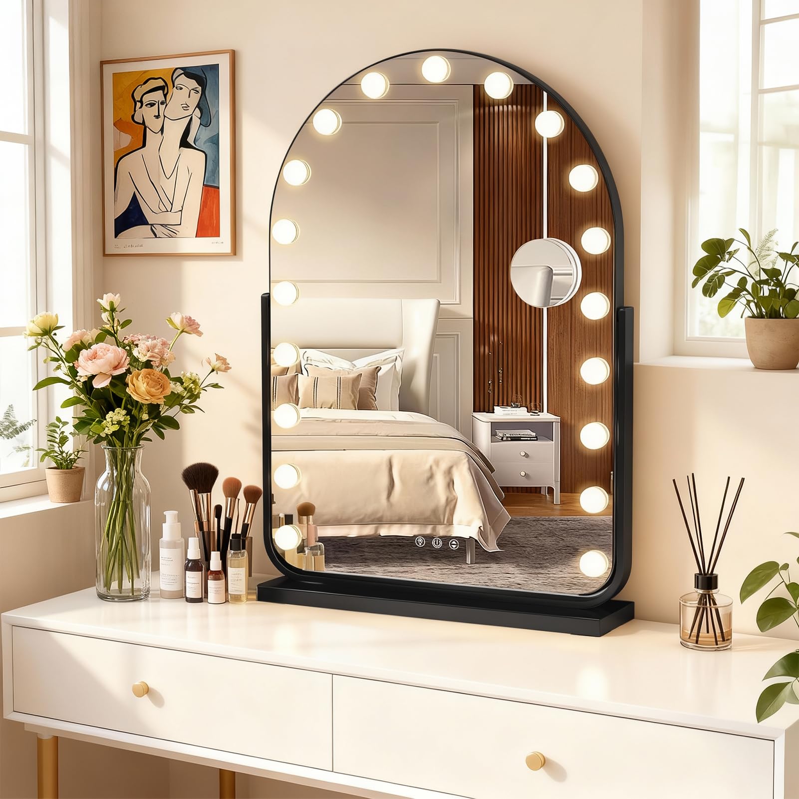 tekrabea Vanity Mirror with Lights, 74×50cm Lighted Makeup Mirror with 17 Dimmable Led Bulbs, 3 Lighting Modes, Touch Screen Control, Tabletop and Wall Mounted for Bedroom (Black)