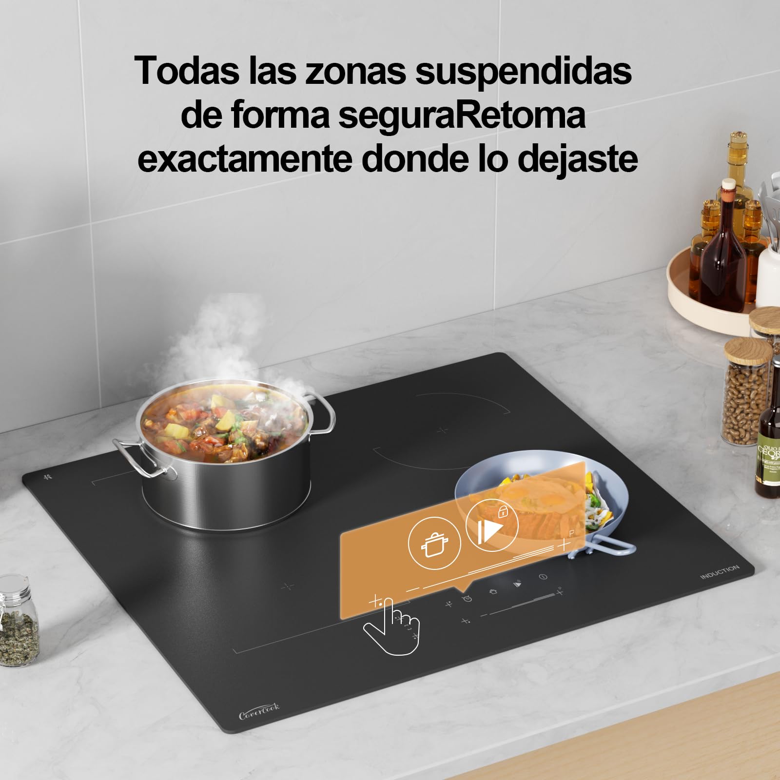 Placa de inducción eléctrica de 59 cm, placas calientes integradas con zona de puente, 7000 W, 240 V, vidrio mate, resistente a los arañazos, función de pausa y mantiene caliente
