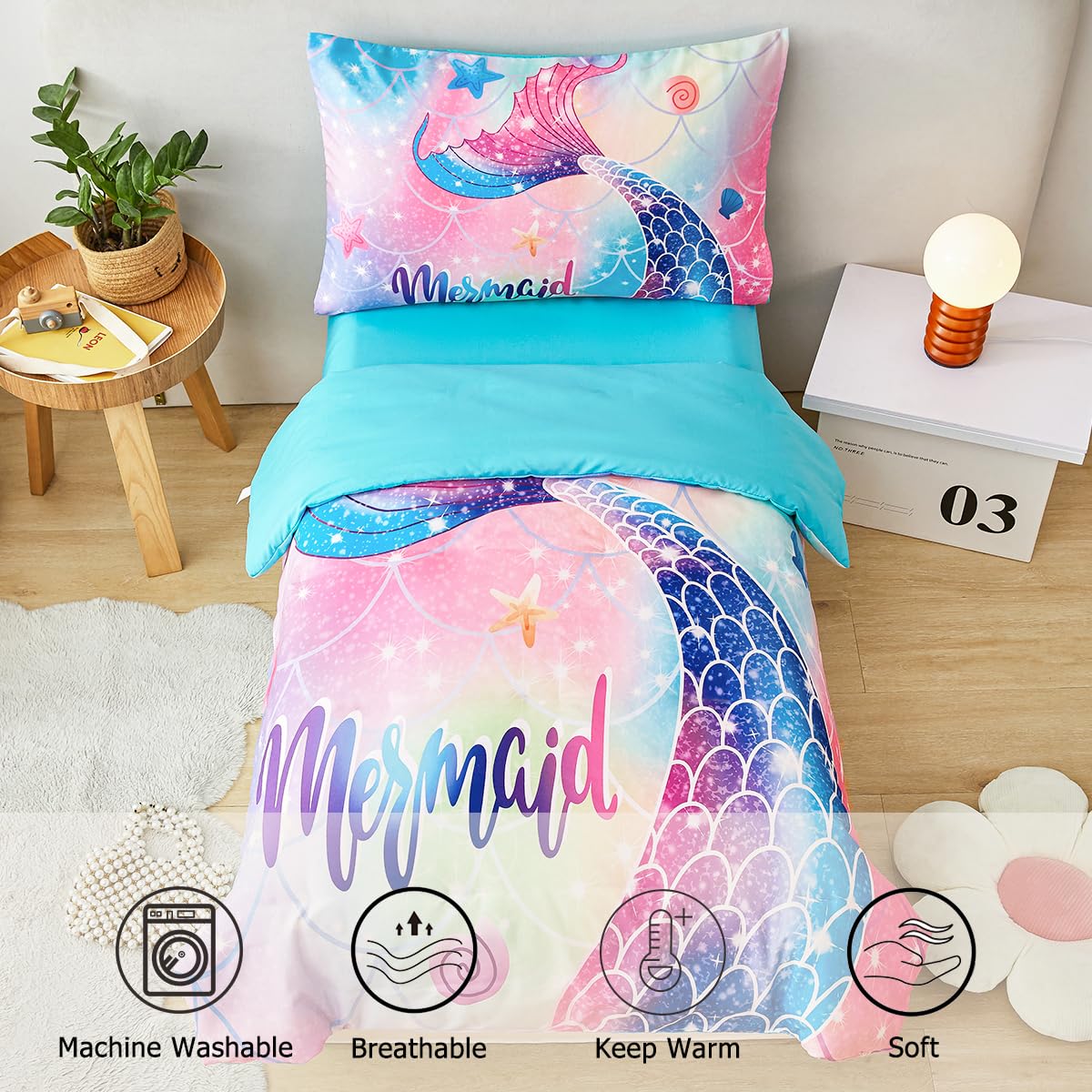 STYHO Toddler Bedding Set for Girls Colorful Rainbow Mermaid Cot Bedding Set Soft Reversible Mermaid Tail Print Toddler Duvet Cover Set(Colorful - Image 3