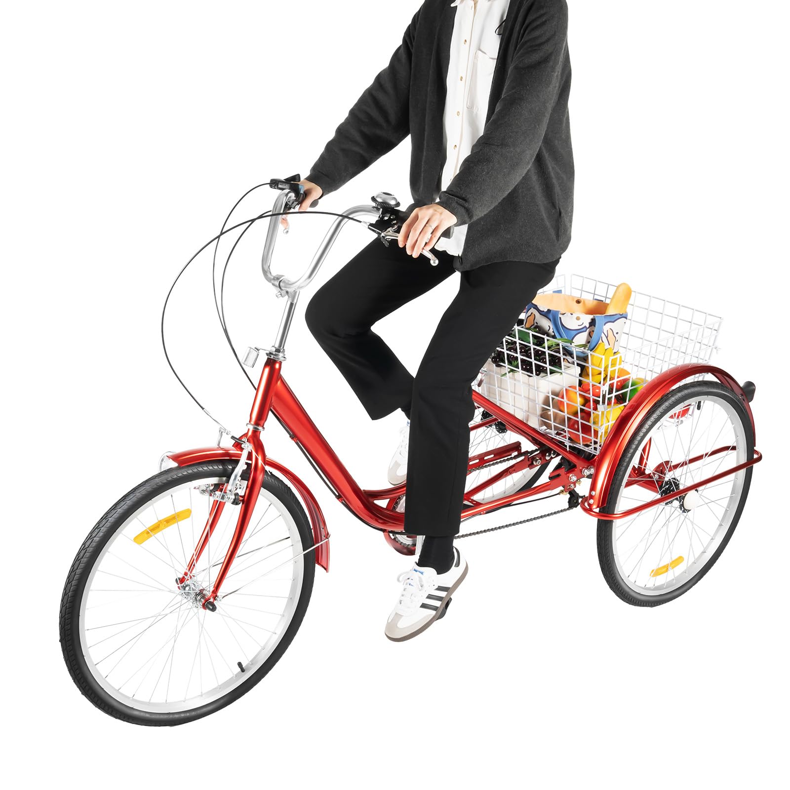 Triciclo rojo para adultos, bicicleta de 3 ruedas de 24 pulgadas con cesta de la compra y luz, 6 velocidades bicicleta de carga para personas mayores Triciclos de altura ajustable de tres