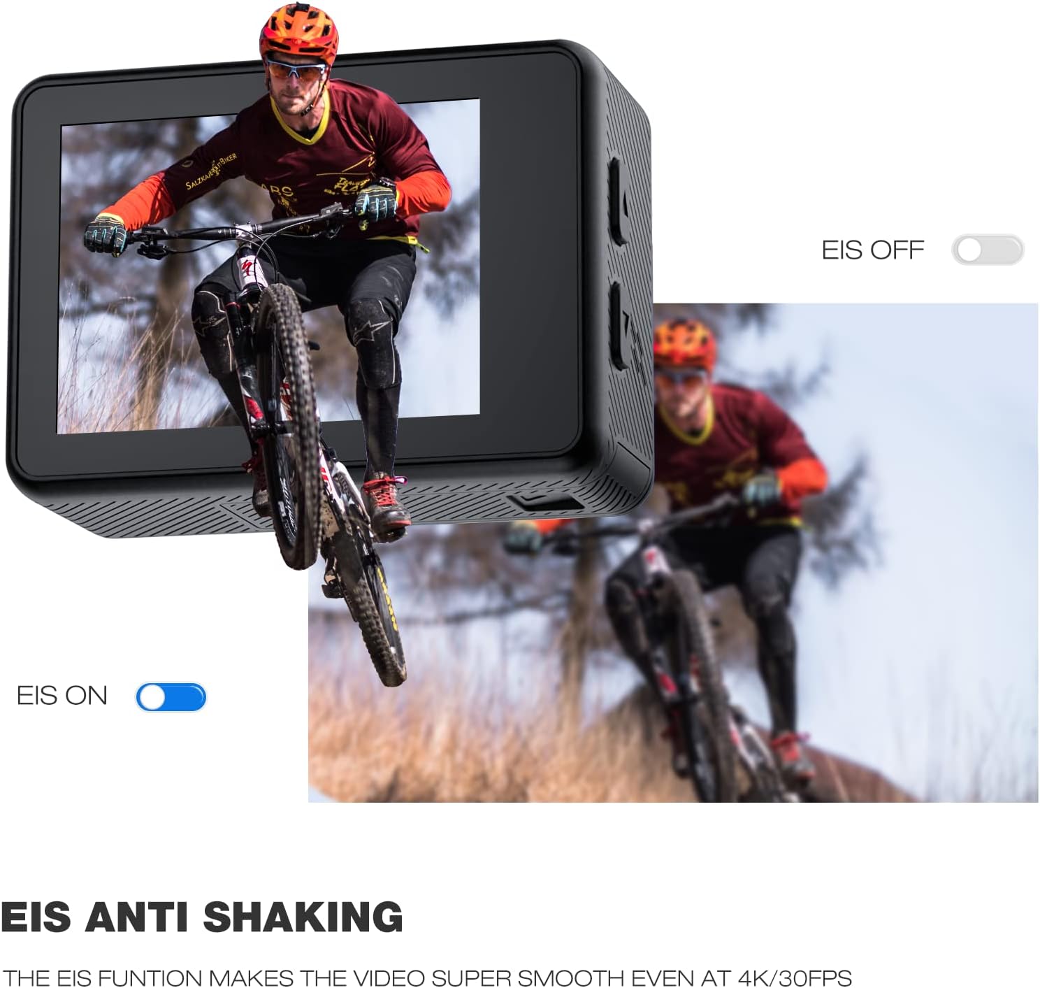 CAMWORLD Action Camera demonstrating Electronic Image Stabilization (EIS) with a clear image on the 'EIS ON' side and a blurry image on the 'EIS OFF' side, showing a person on a mountain bike.