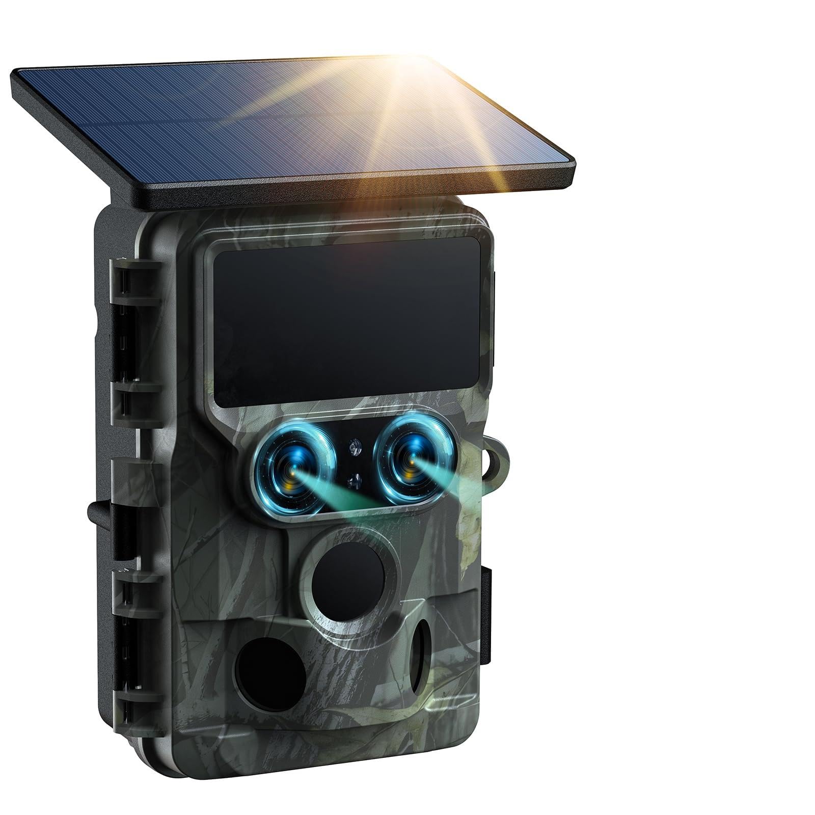 Trail Camera Solar Powered, Starlight Night Vision Dual Lens 60MP 4K 30FPS WiFi Bluetooth Game Hunting Cameras with IMX458 Sensors 0.1S Trigger Deer Cam for Outdoor Wildlife Monitoring