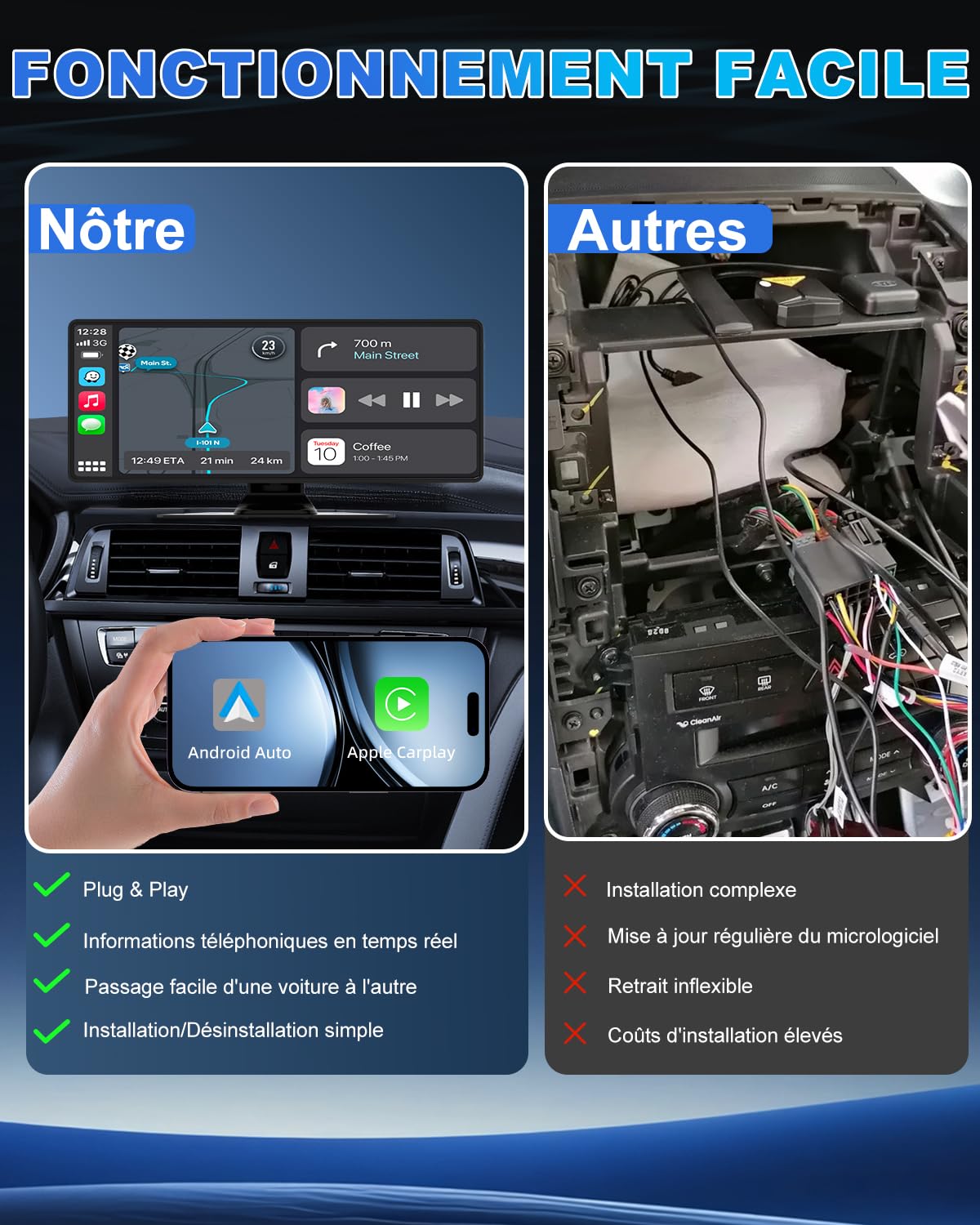 Carplay Voiture, 10.26" Autoradio Carplay pour Apple & Android avec HD 1080P Camera de Recul & Caméra Frontale, Navigation GPS, Son Premium, Commande Vocale, Allume-Cigare Double Port, Mirror Link