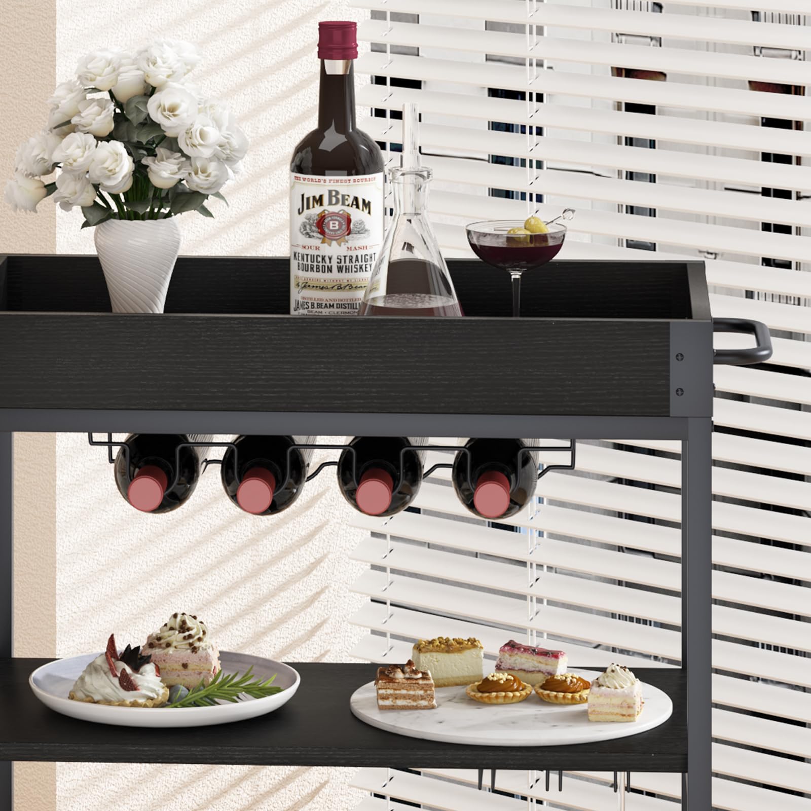 Huhote Carrito de Servir Multifuncional - Cocina, Bar Con Ruedas, Soporte para Botellas de Vino, 3 Niveles - para Salón, Comedor, Cocina, Bar, Fiesta - Negro