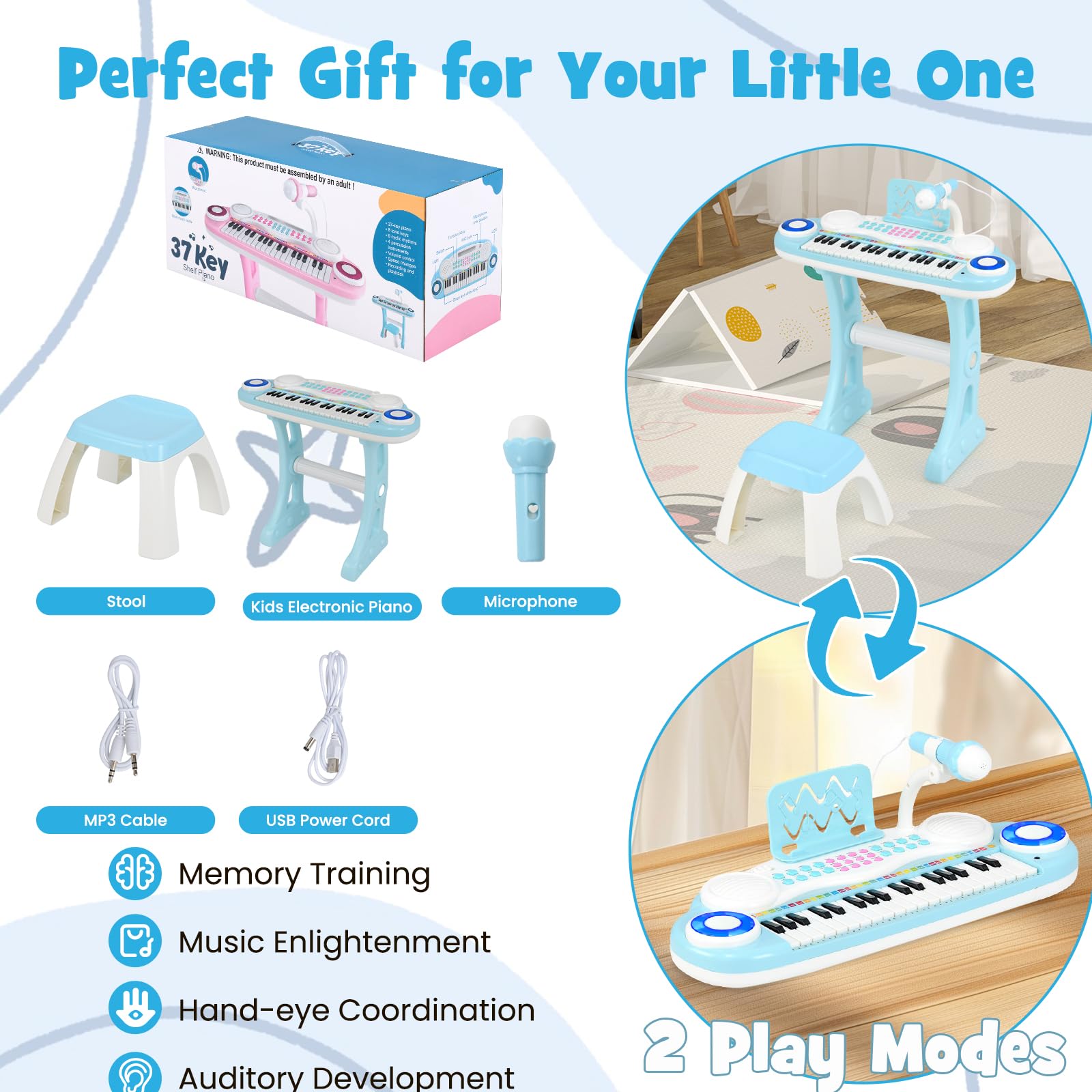 KOMFOTTEU Piano Infantil con 37 Teclas, Teclado de Piano con Efectos de Luz y Micrófono Ajustable, Teclado Electrónico con 8 Ritmos y 8 Sonidos, Taburete, para Niñas 18+ Meses (Azul)