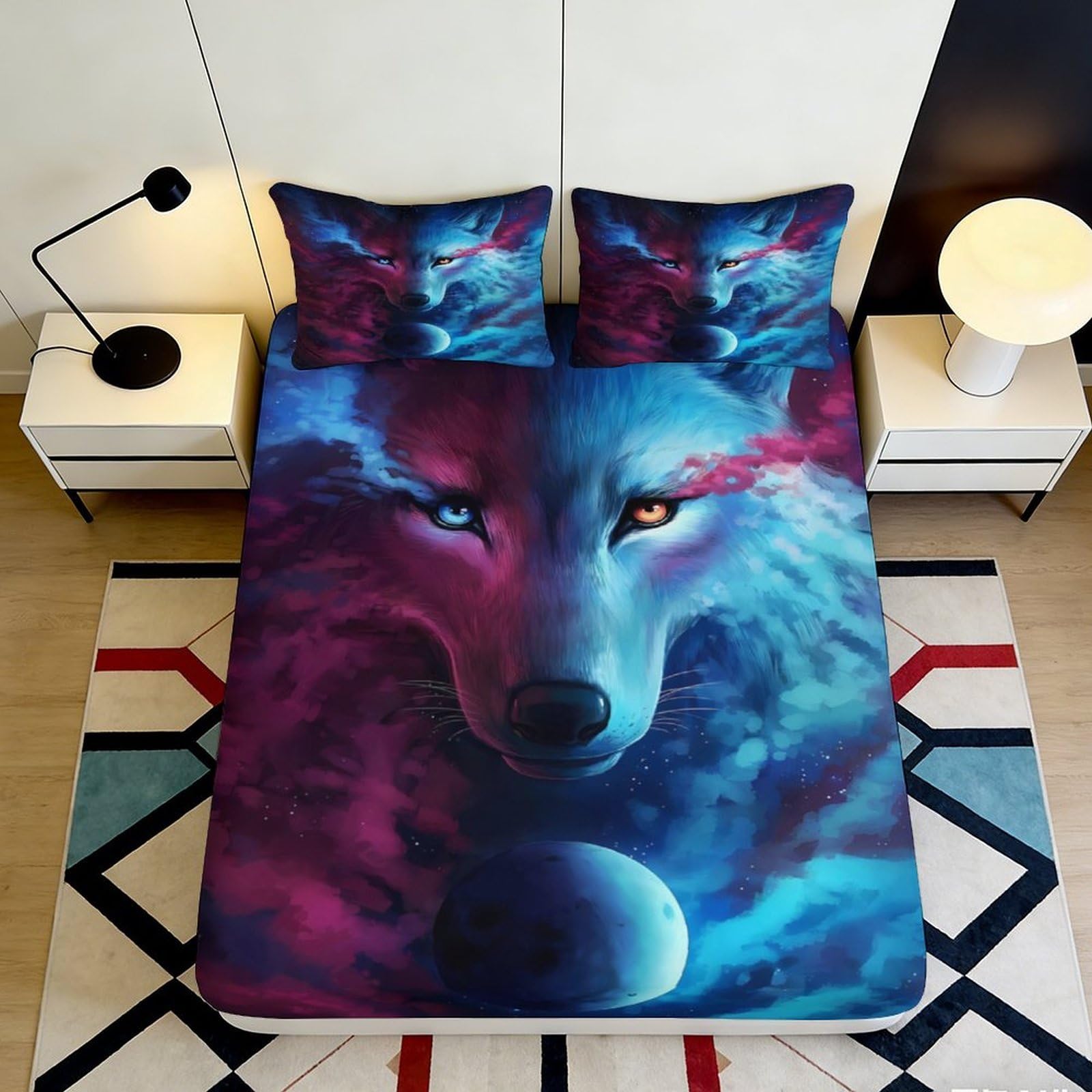 3D Printed Wolf Galaxy Fitted Sheet Microfiber Bold Blue Purple Cosmic Nebula Mattress Cover Bedroom Decor Anti-Slip Washable 160x200x25cm