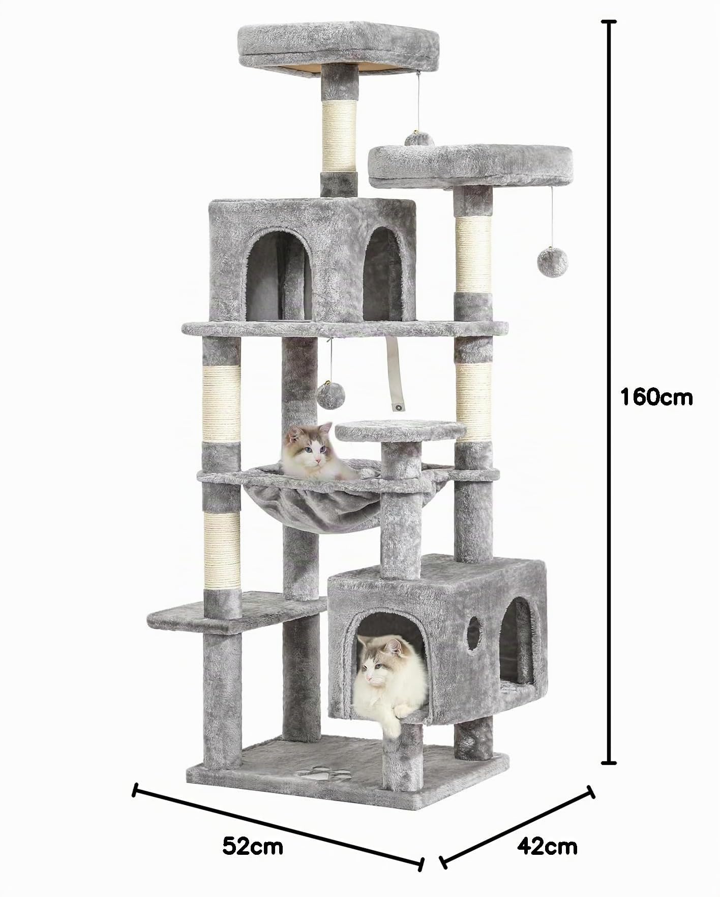 MSmask Grand arbre à chat stable en L avec 2 plateformes, 2 niches pour chats, hamac, colonnes en sisal, arbre d'escalade à plusieurs étages pour chats (gris clair, 160 cm)