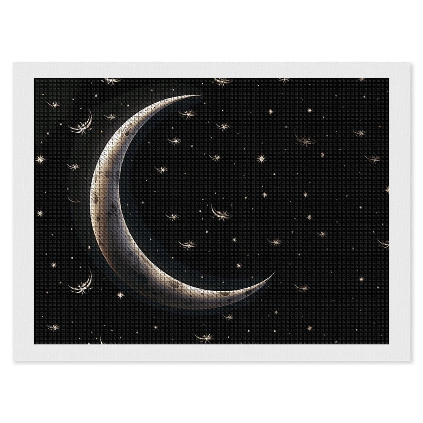 Crescent Moon on Black Background Diamond Art Kits for Adults, DIY 5D Diamonds Painting Kits for Beginner, Round Full Drill Diamond Dots Painting, 12"x16" Diamonds Pictures Gem Art And Crafts Wall Dec