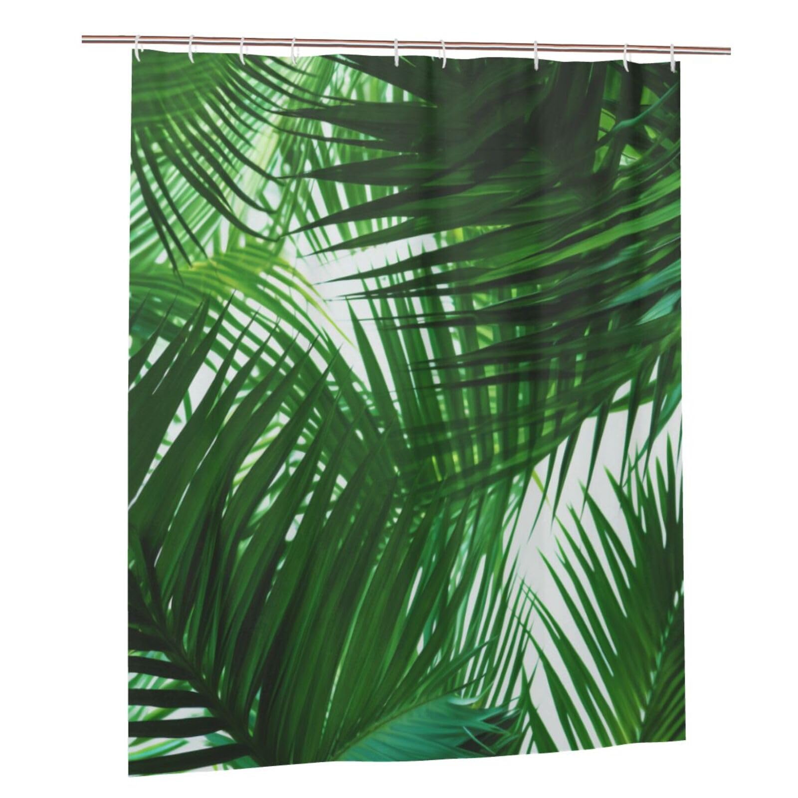 BWWHCCTI Palm Leaves Green Shades Printed Shower Curtain With 12 Plastic Hooks Opaque Quick Drying Waterproof Shower Curtains Sets For Bathroom 152x183 Cm