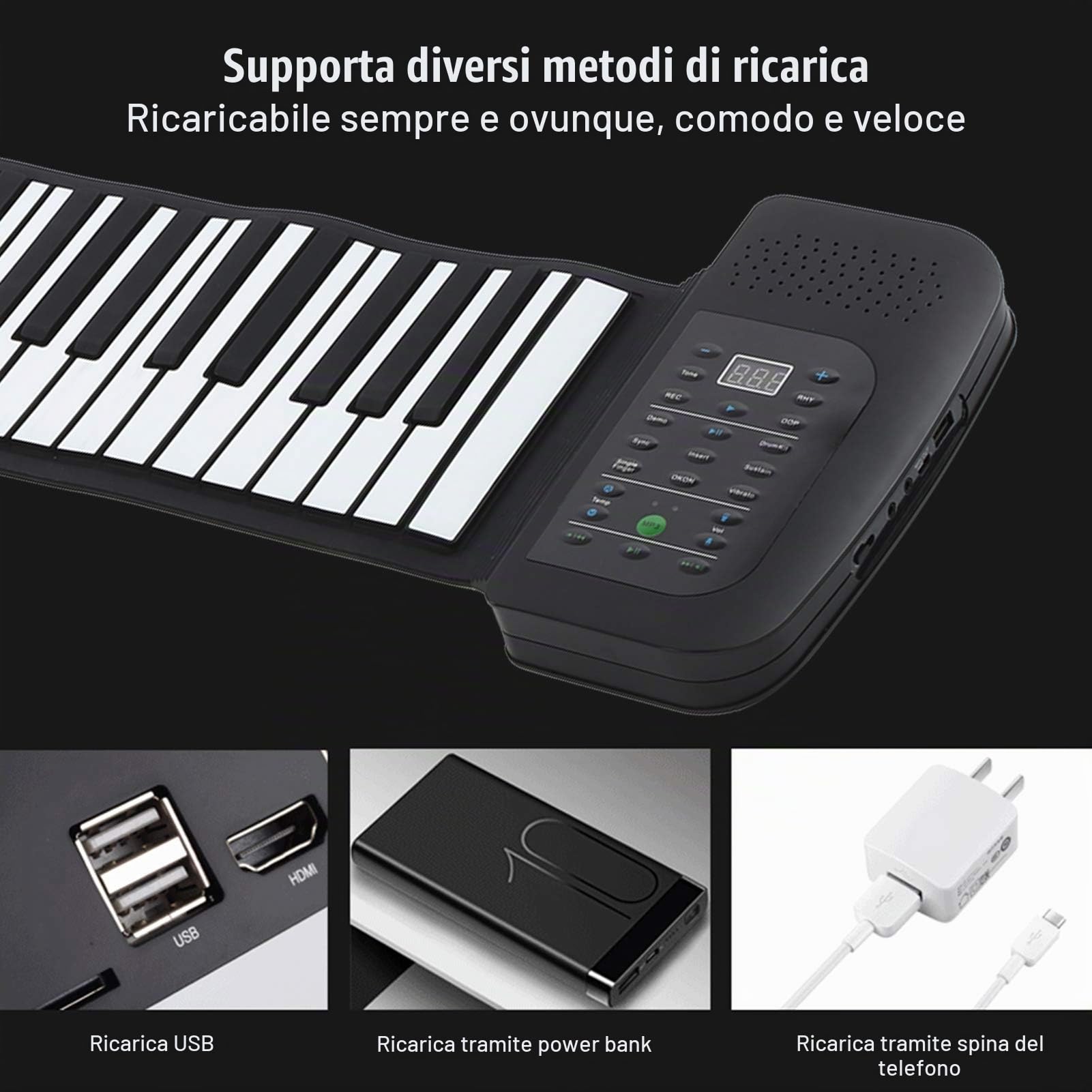 Pianoforte arrotolato a mano, pianoforte in silicone roll-up a 88 tasti, pianoforte elettronico portatile e ricaricabile, impermeabile, design della struttura audio professionale, per adulti(88)