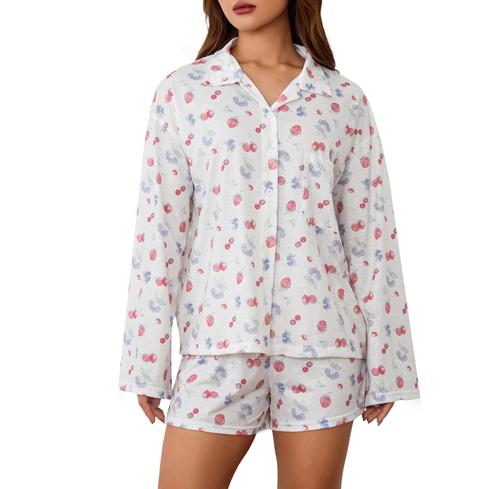 Loalirando Pyjama Femme 2 Pièces Lâche Imprimé Fruits Ou Fleurs - Haut Boutonné Manches Longues + Pantalon Ou Shorts