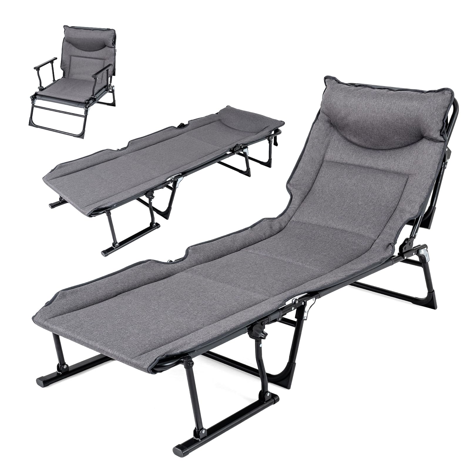 COSTWAY 3 in 1 Folding Camping Cot, Comfy Padded Convertible Single Sofa Chair with 6-Position Adjustable Backrest and Headrest, Heavy Duty Metal Chaise Lounge Sleeper Bed (180 x 67.5 x 37 cm)