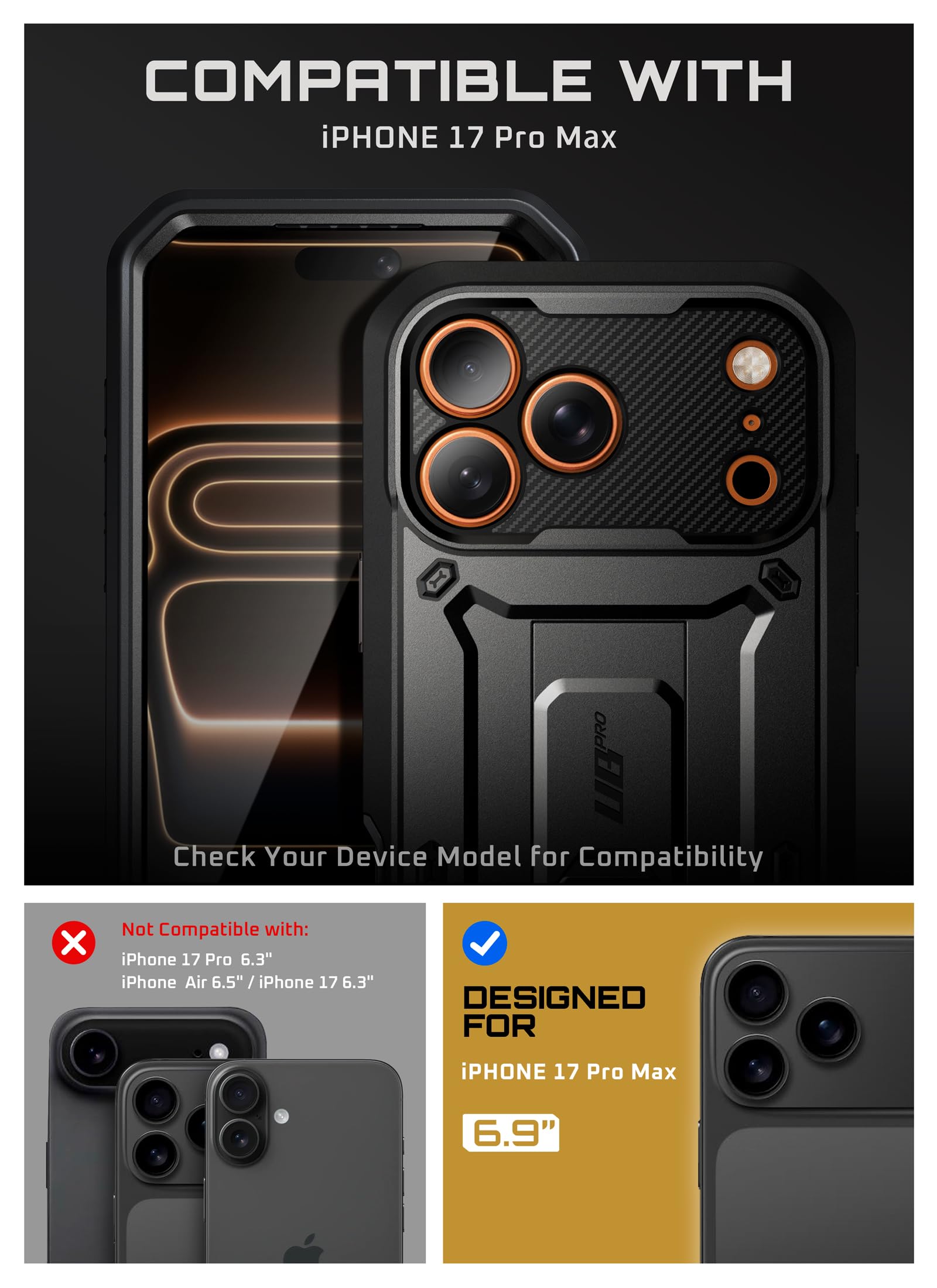 SUPCASE Coque pour iPhone 17 Pro Max avec Bouton Commande de Caméra [Béquille Intégrée & Protection d'Ecran] [Protection Militaire] (UB Pro) Coque Intégrale Robuste pour iPhone 17 Pro Max, Noir