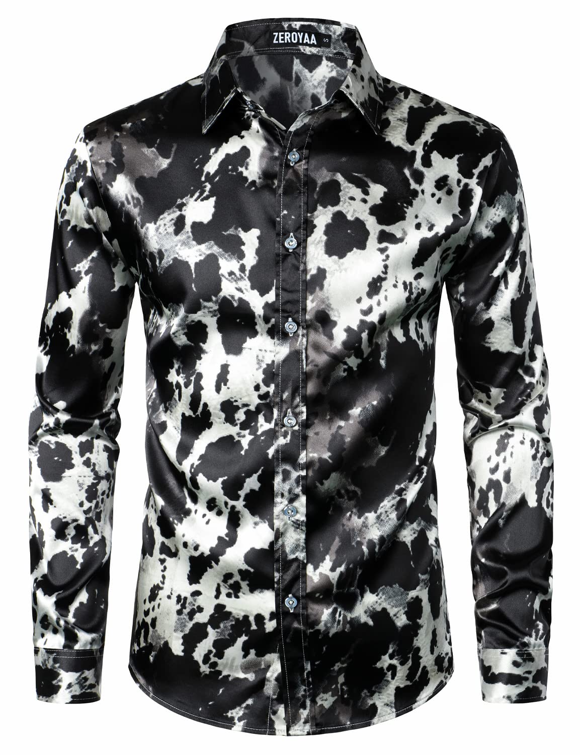 ZEROYAA Men's Hipster Printed Silk Like Satin Button Up Dress Shirt for Party Prom