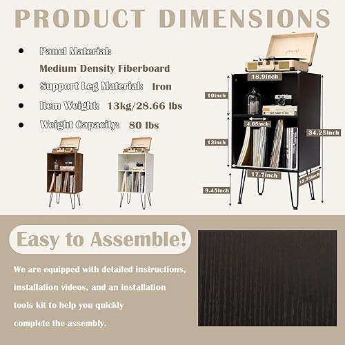 Miniatura 7 de Soporte para tocadiscos con almacenamiento de vinilo, gabinete para almacenamiento de discos de vinilo con capacidad para hasta 150 álbumes, mesa