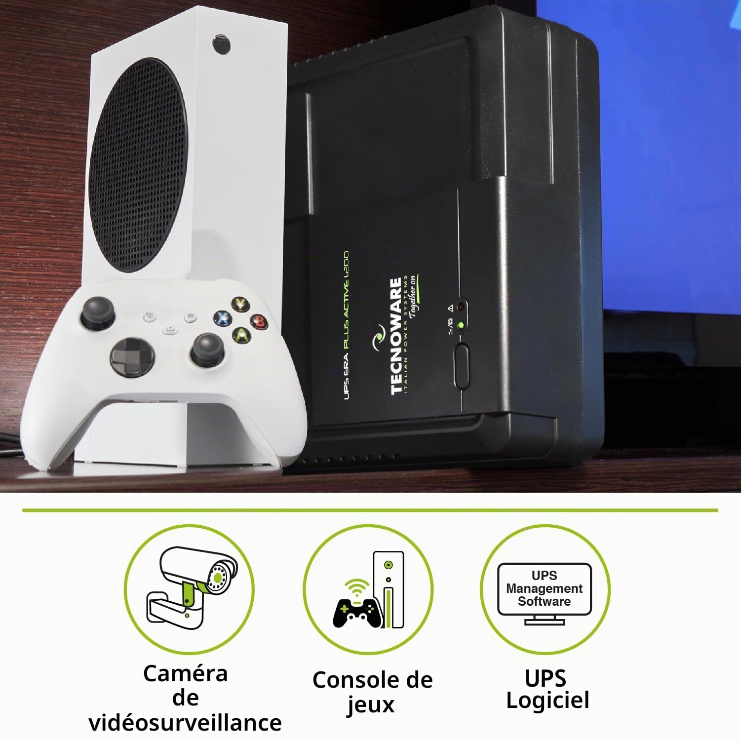 Tecnoware Power Systems - UPS ERA PLUS ACTIVE 1200, Onduleur 1200VA, Protection PC avec PFC Actif, Mac, Console de Jeu, AVR, USB, Batterie 12V 9Ah, Silencieux, 1200VA