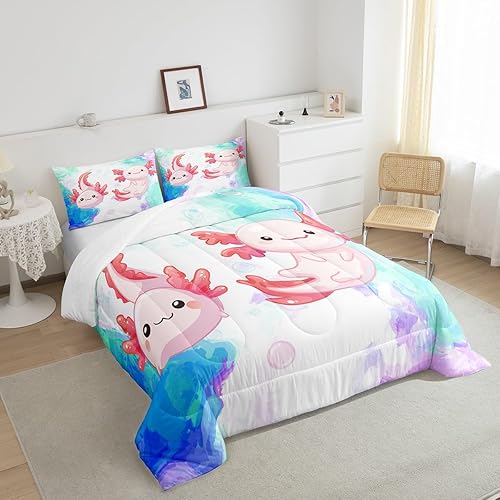 Miniatura 4 de Manfei Bonito juego de edredón Axolotl para niños, tamaño matrimonial, juego de edredón de vida marina con 2 fundas de almohada, juego de ropa de