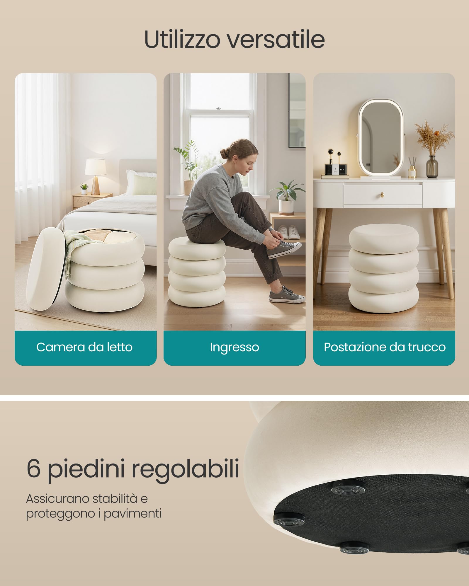 SONGMICS Sgabello Trucco, Pouf Contenitore Rotondo, Poggiapiedi Imbottito, Coperchio Rimovibile, Soggiorno Camera da Letto Ingresso, Facile da Montare, 43 x 47 cm, Velluto, Bianco Crema LOM018LH01
