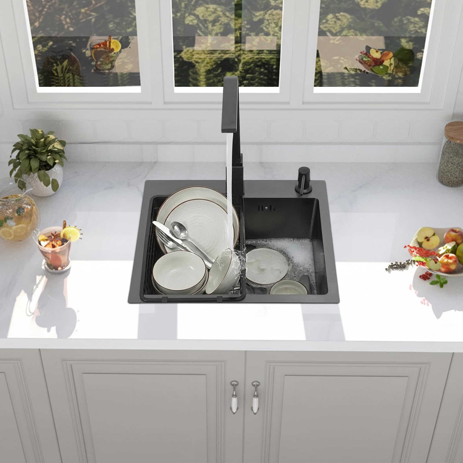 Negro 40 x 45 cm, fregadero de cocina de acero inoxidable 201, rectangular, moderno fregadero de acero inoxidable, fregadero de cocina con grifo de agua caliente y fría, dispensador de jabón