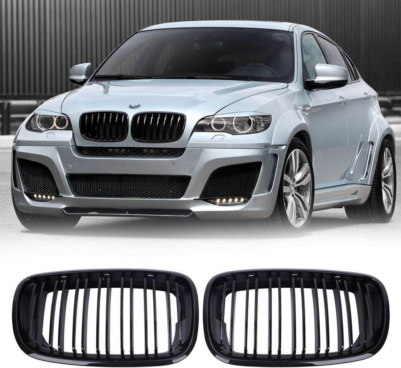 E70 E71 Front Kidney Grill Grille, Twin Blade Gloss Black