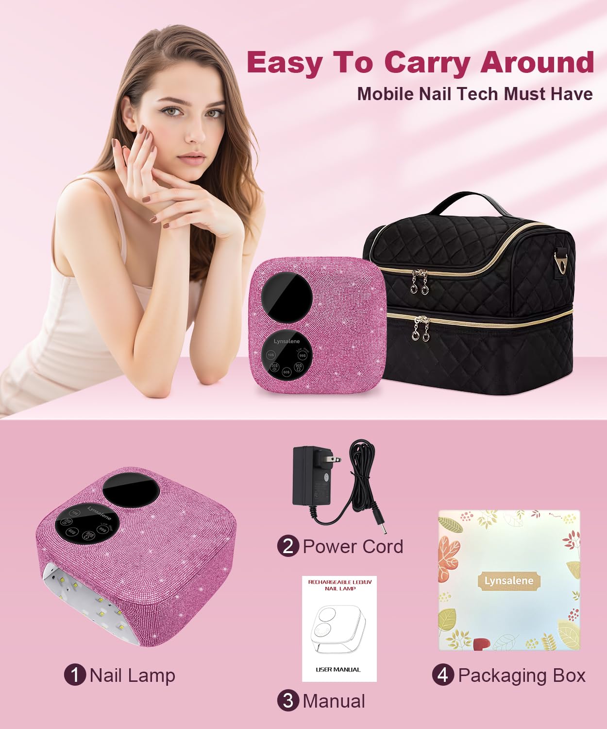 80W Pink Cordless UV LED Nail Lamp with Magnetic Detachable Base