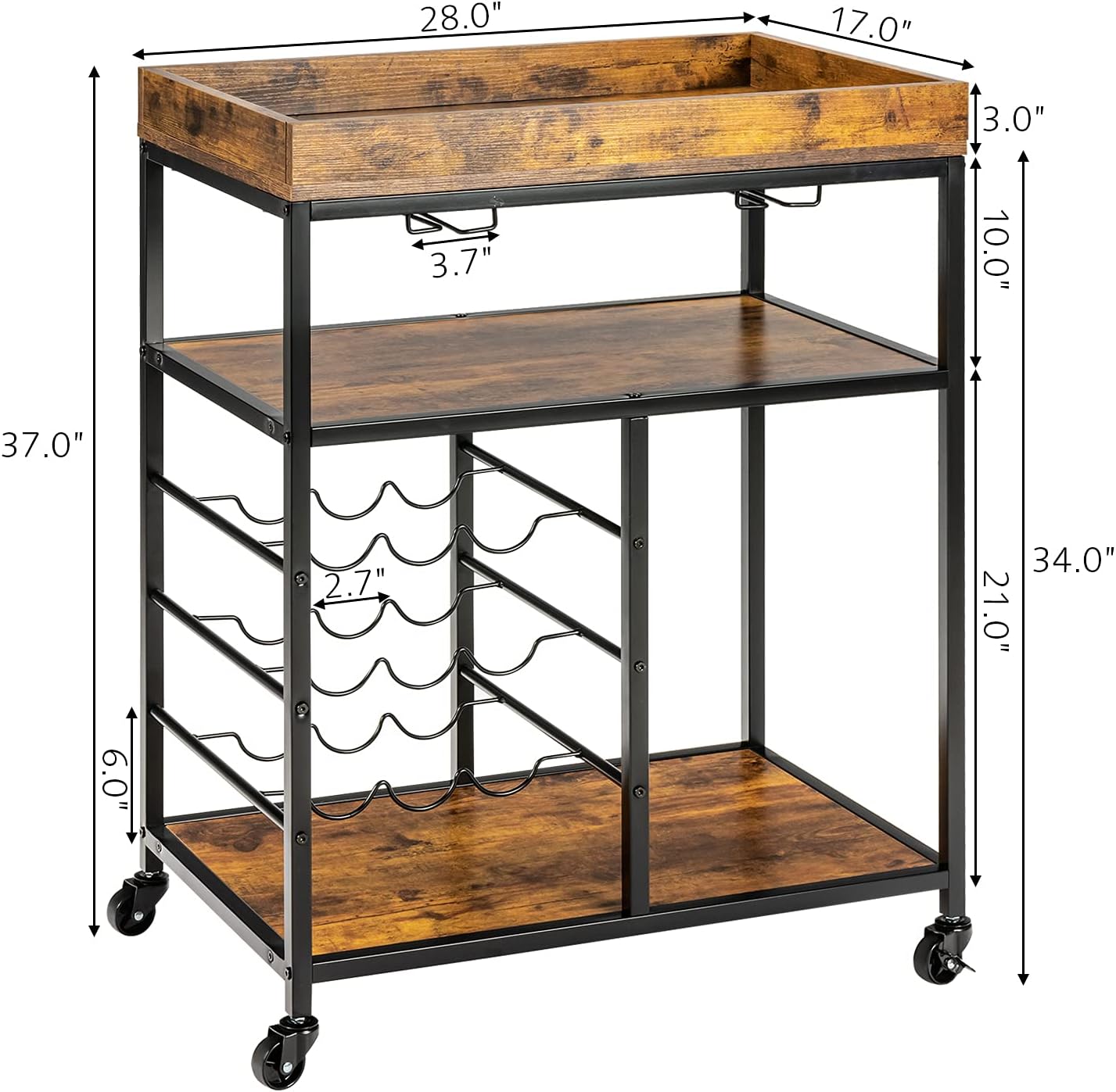 Giantex Mobile Bar Serving Cart, Industrial Rolling Island Cart, Wood Home Utility Cart, Kitchen Trolley Stand with Glasses Holder 9 Wine Bottles Rack Open Shelf Metal Frame and Casters