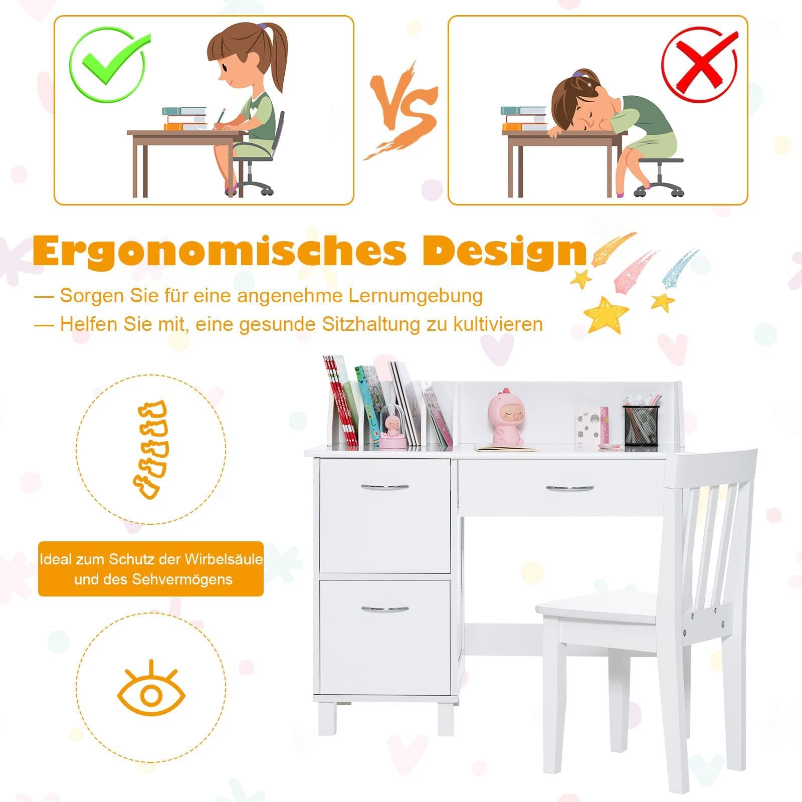 FANTASK Escritorio Infantil de Madera para Estudiantes con Silla, Mesa de Aprendizaje Infantil Multifuncional con Estante, Estante Abierto y Armario de Almacenamiento, Escritorio para niños para