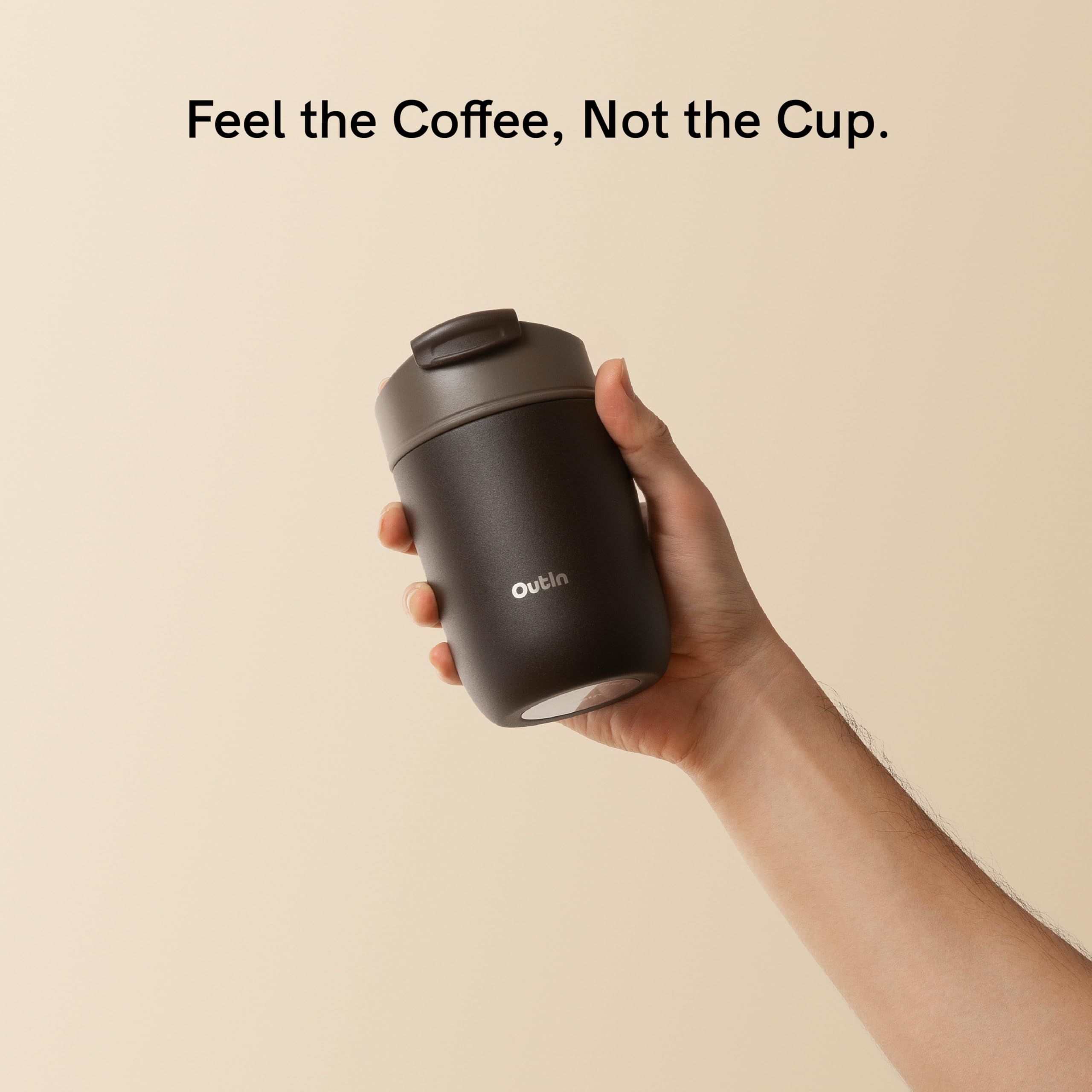 OutIn Travel Tumbler, vaso térmico de café estanco, 350 ml | Vaso de acero inoxidable con tapa abatible para bebidas calientes y frías, uso exterior, Terra Brown