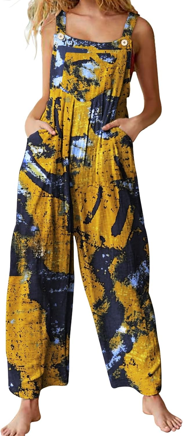 YESNO Overalls for Women Casual Loose Summer Rompers Boho Floral Adjustable Straps Wide Leg Jumpsuits with Pockets PQ2