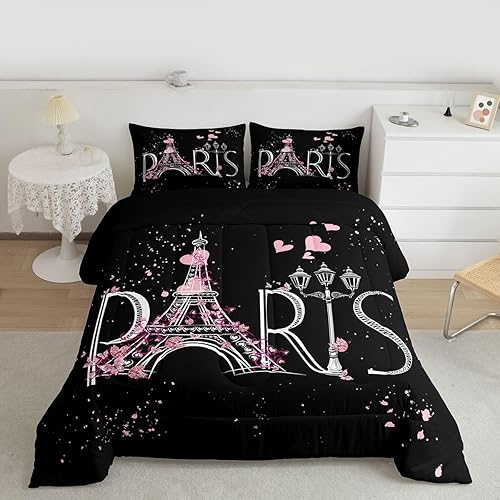 Miniatura 2 de Feelyou Juego de edredón de la Torre Eiffel, elegante juego de ropa de cama de París, edredón romántico para niños, niñas, niños, adolescentes,