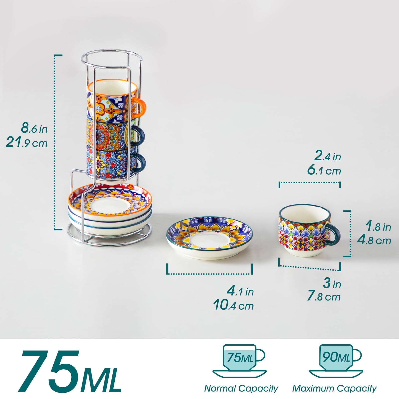 vancasso SIMI Espressotassen 4er Set, 90 ml Espresso Kaffeetassen mit Untertassen & Ständer, Stapelbar Dickwandig Kaffeebecher aus Porzellan für Kaffeegetränke, Cappuccino, Latte, Tee – Elegantes
