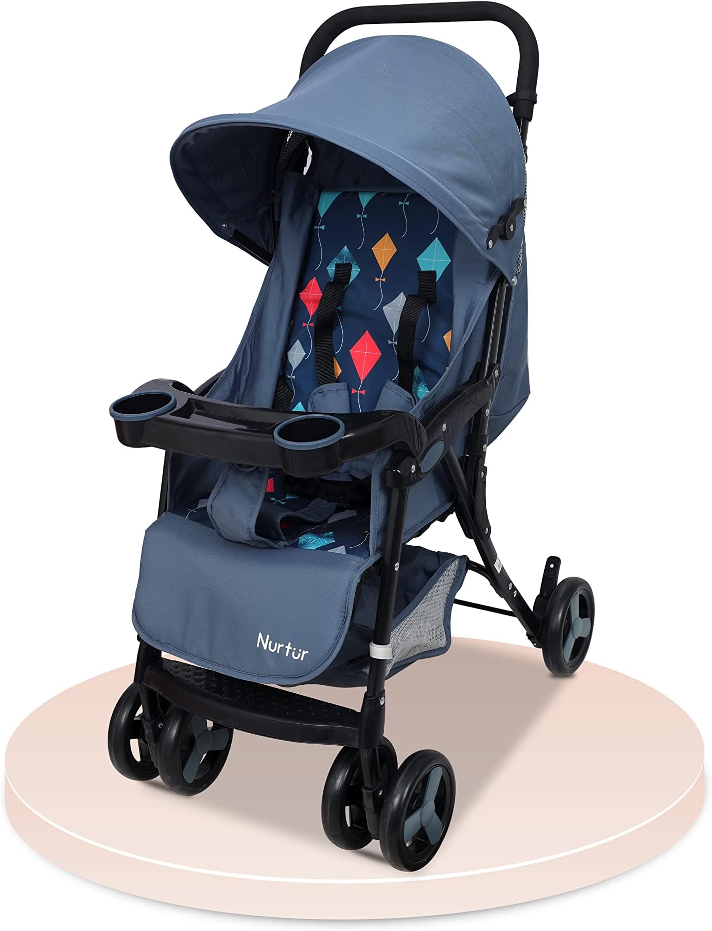 Ryder Ultra Compact Lightweight Baby Travel Stroller with Storage Basket, Detachable Food Tray, Reclining Seat and Leg Rest, 0-36 Months, Navy Printed