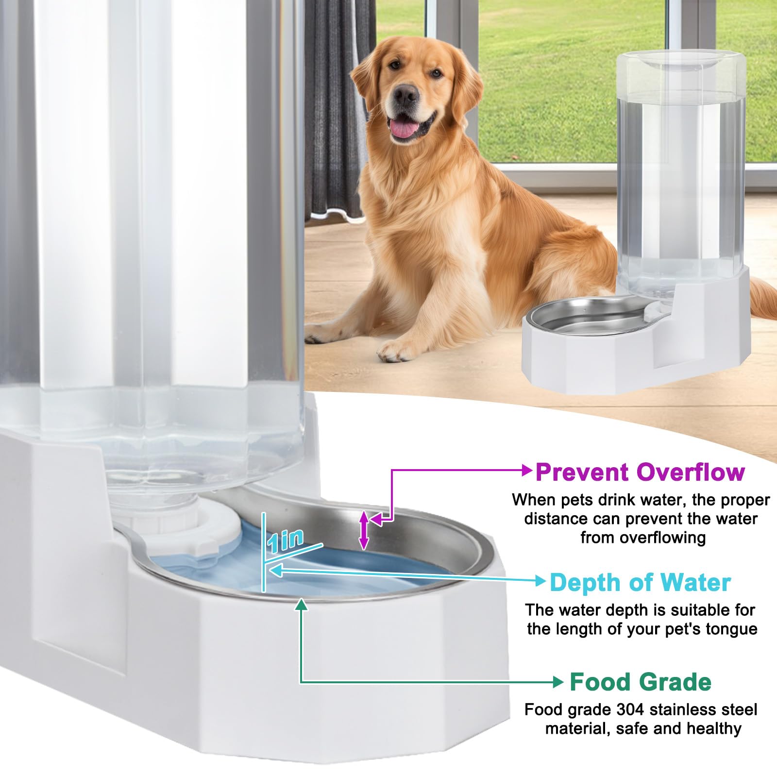 Sfozstra Distributeur d'eau pour grands chiens : distributeur d'eau automatique alimenté par gravité - Facile à nettoyer - Bol en acier inoxydable pour chatons et chiots - Salon ou garage (blanc, 9L)